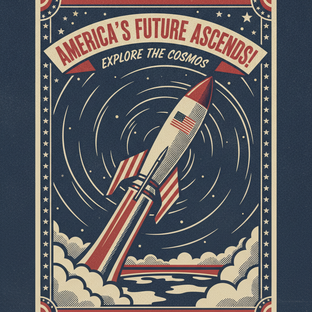 AI MCGA style art — a vintage Americana poster of a rocket launching into a starry sky in a bold red, white and blue palette with screen-print grain, made with the AI MCGA style art generator