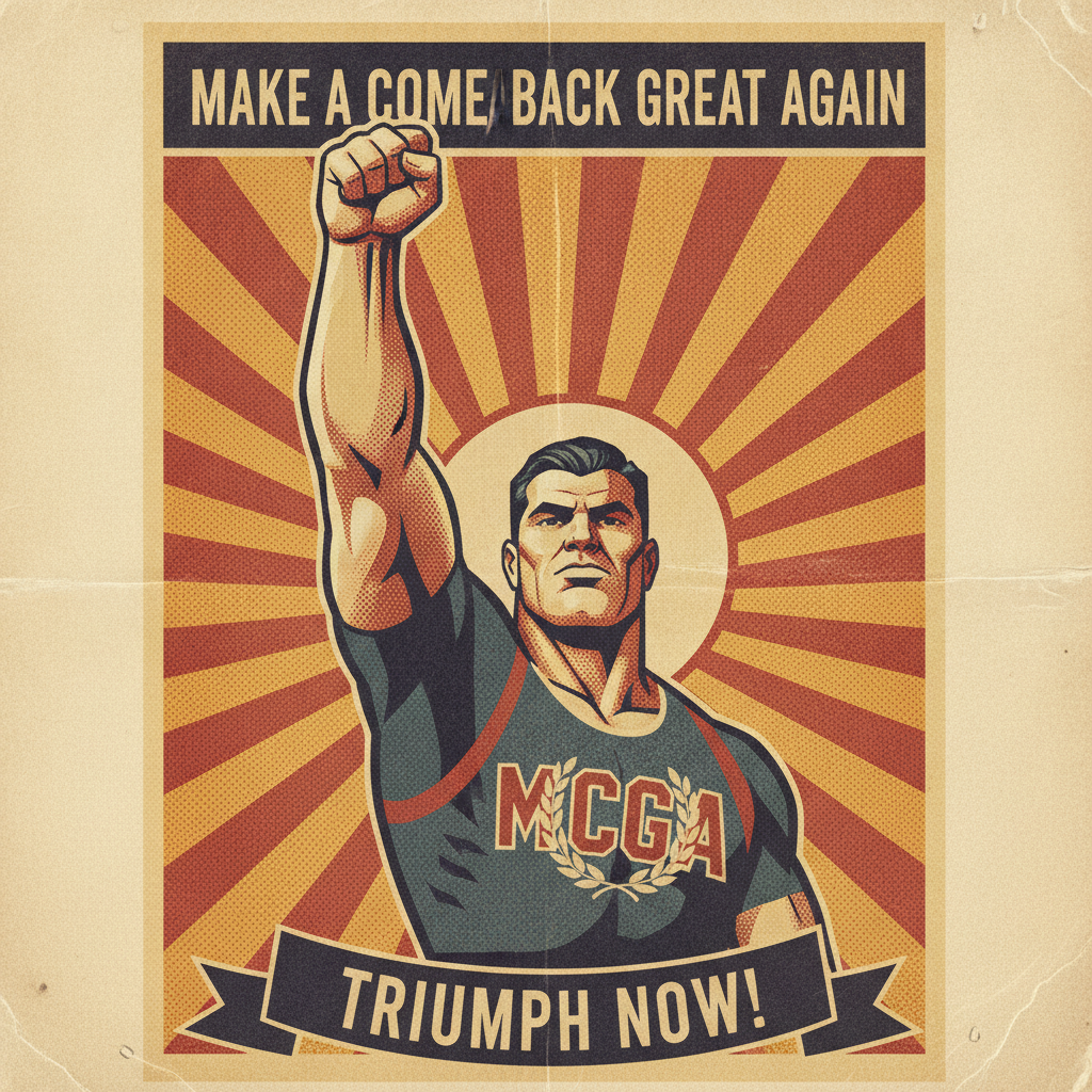 AI MCGA style art — a bold campaign poster portrait of a determined athlete raising a fist over dramatic sunburst rays with halftone shading, created by the AI MCGA style art generator