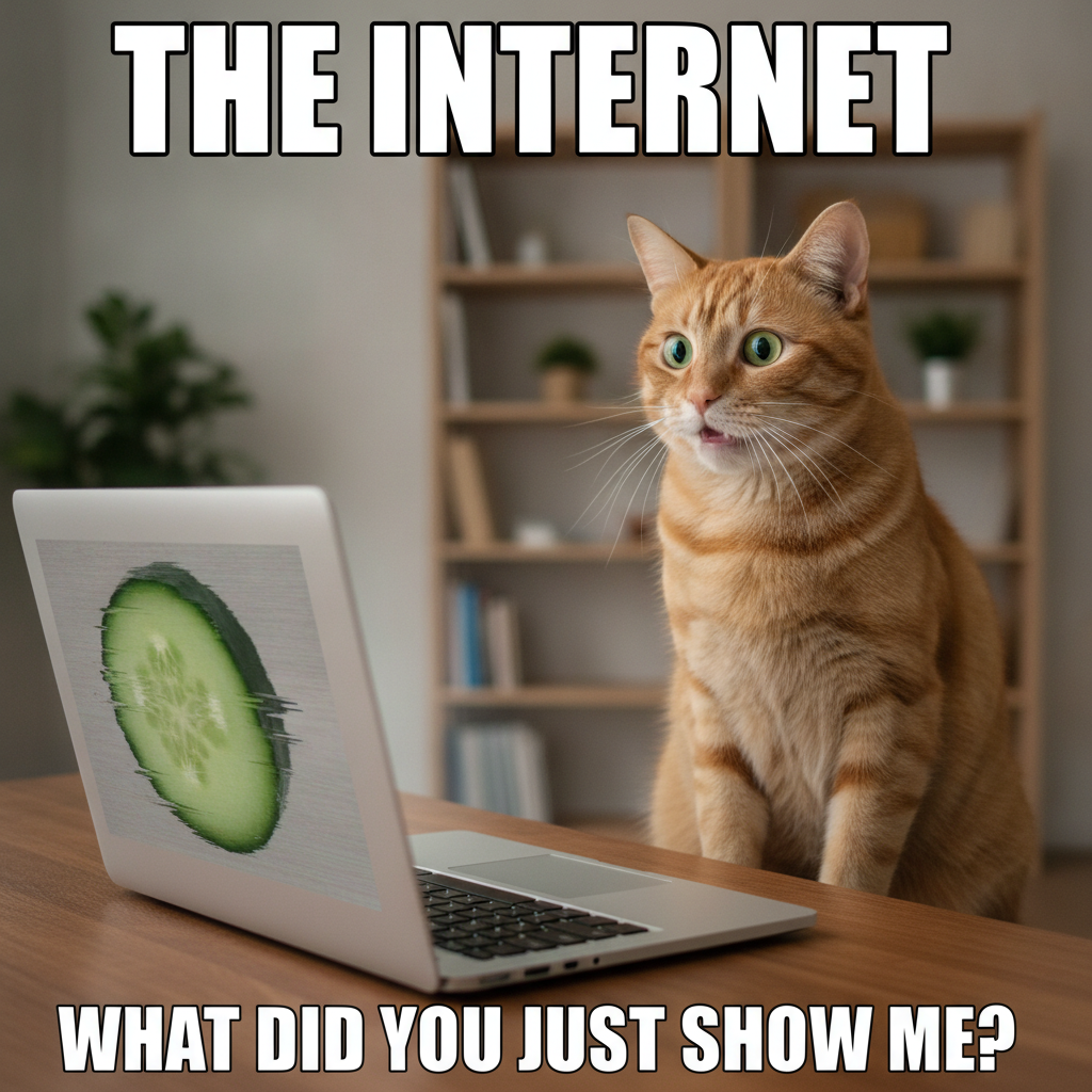AI meme generator result showing a surprised cat staring at a laptop with bold white Impact-font top and bottom captions and crisp readable meme text