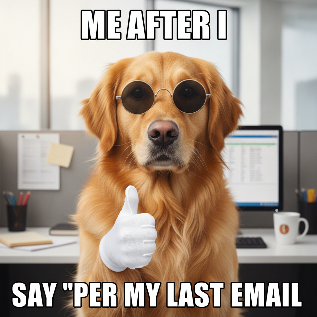 AI meme generator result showing a wholesome dog in tiny sunglasses giving a thumbs up with bold white Impact meme captions for relatable office humor