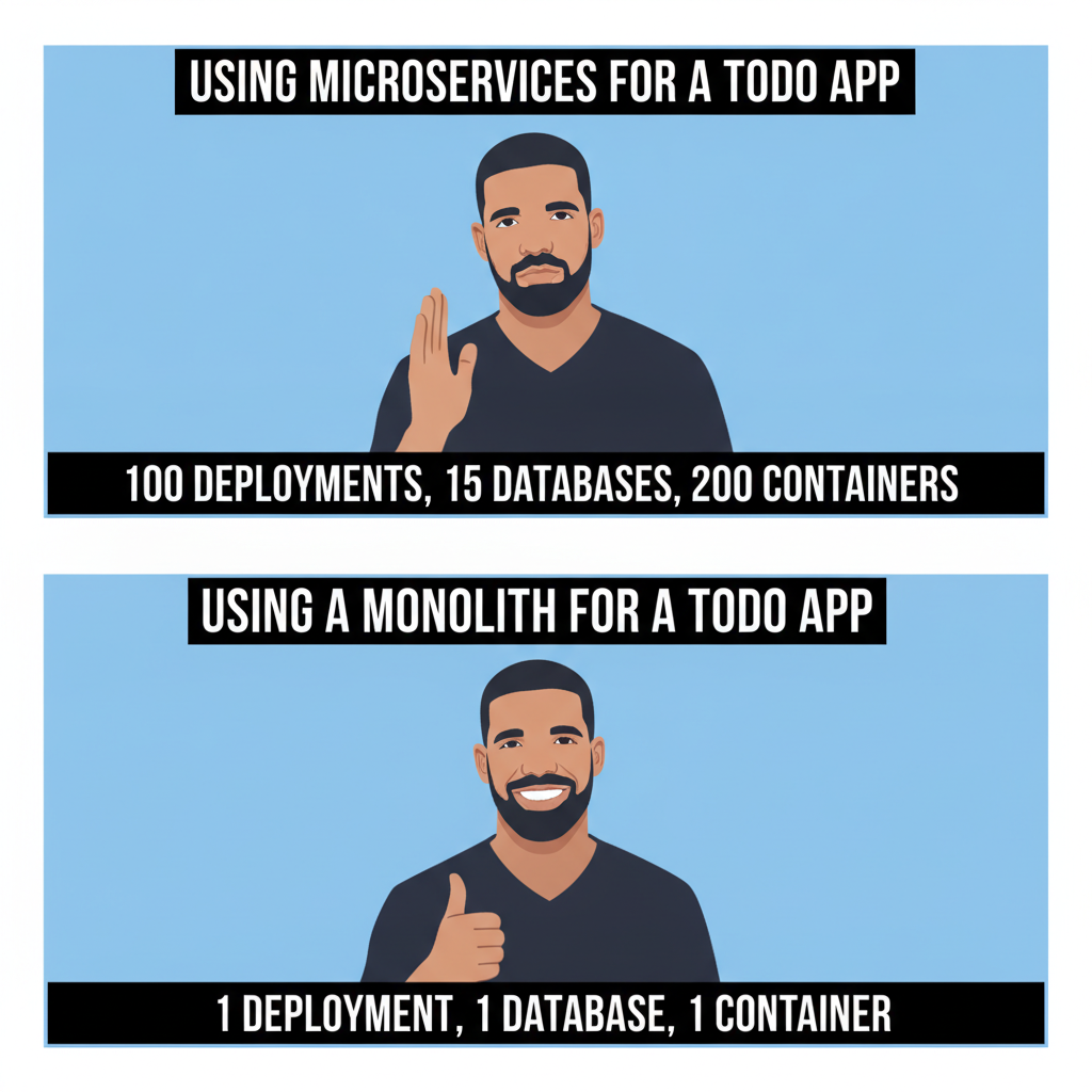 AI meme generator result showing a two-panel Drake-style comparison meme layout with bold readable white caption text on each panel for tech humor