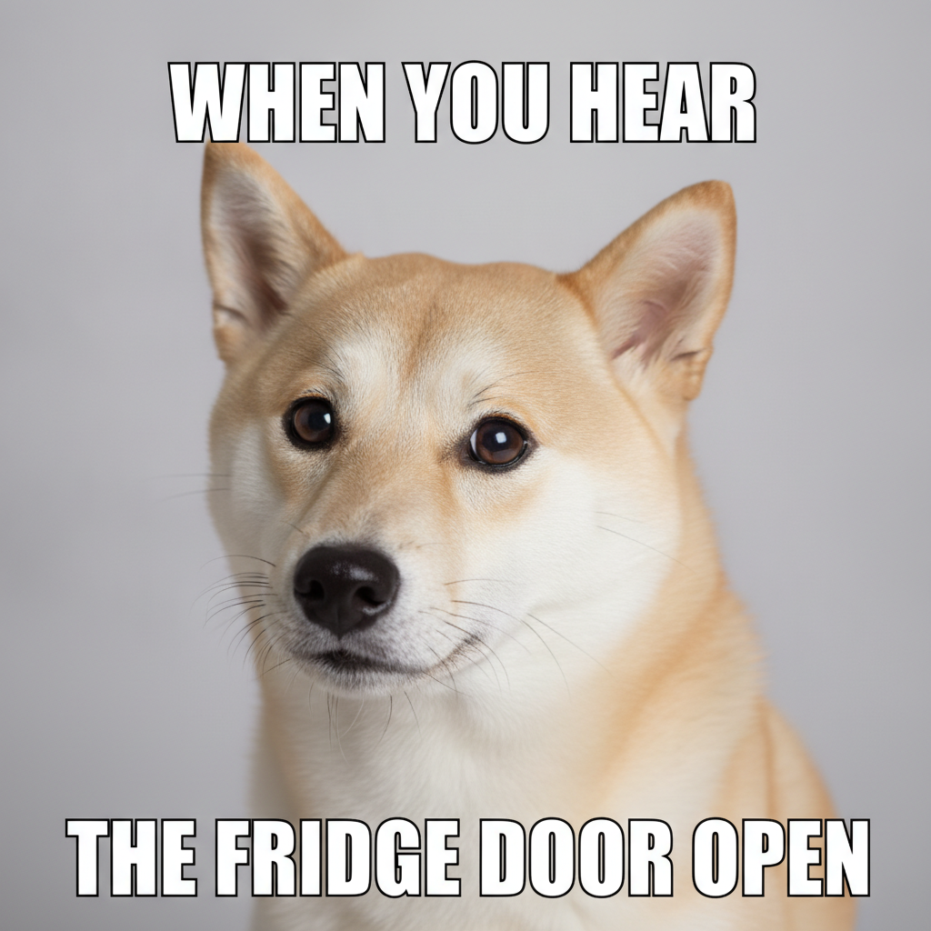 AI meme generator result showing a cute confused shiba inu tilting its head with bold white Impact-font top and bottom captions for a wholesome pet meme