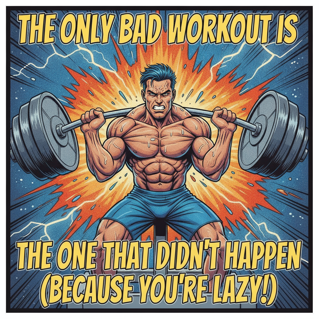 AI meme generator result showing an energetic gym motivation meme with bold yellow and white caption text and crisp legible meme typography
