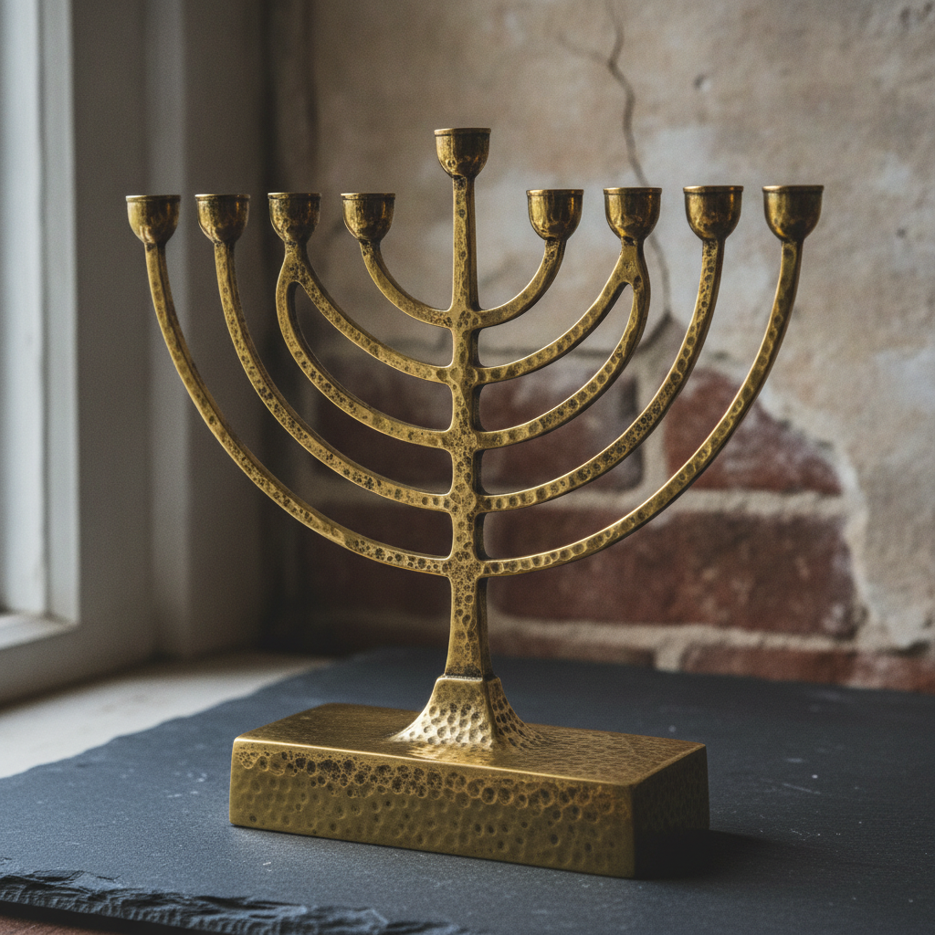 Hand-hammered solid brass nine-branch Hanukkah menorah with empty candle cups on a slate surface, made with the AI menorah design generator