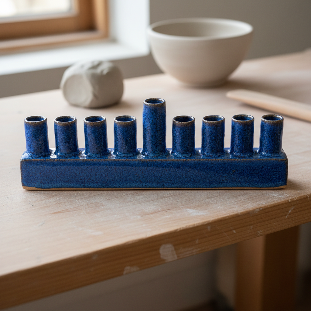 Hand-built stoneware ceramic menorah with mottled cobalt blue glaze and nine pinched candle holders in a single row on a potter bench
