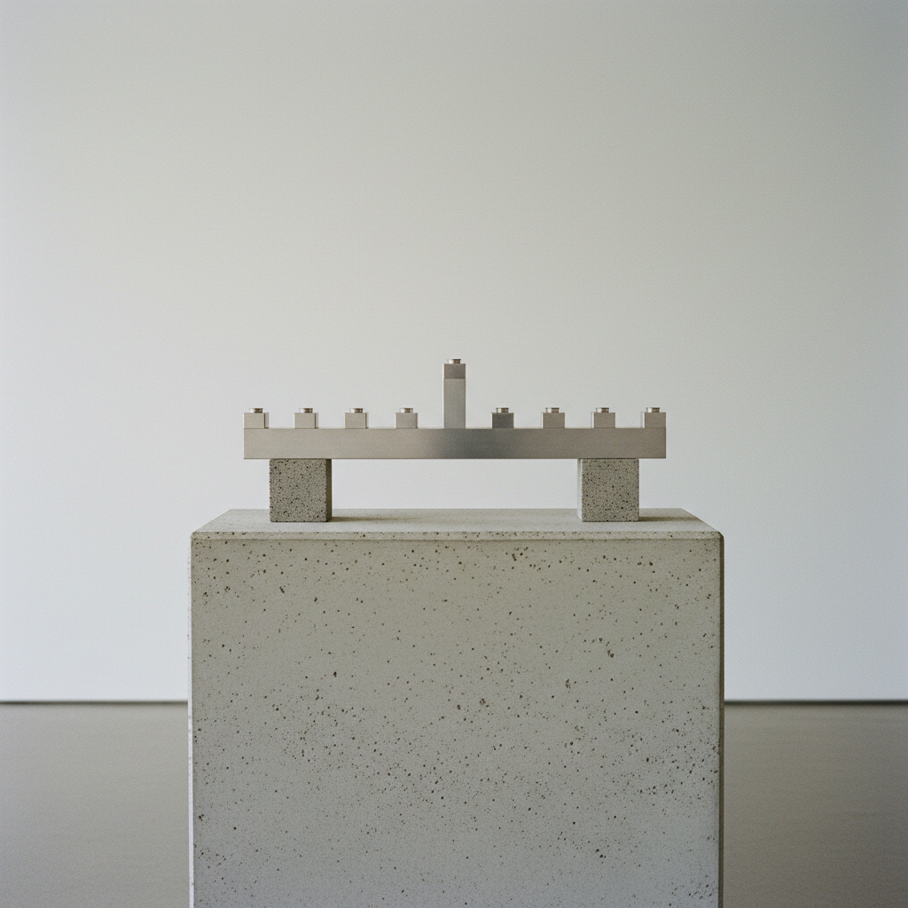 Minimalist modern menorah in brushed aluminium and sandblasted concrete with nine square posts on a gallery plinth
