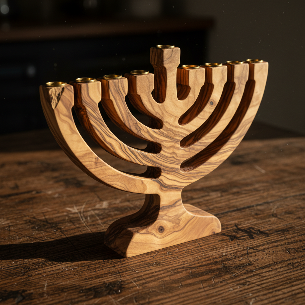 Carved olive wood menorah with brass candle cups and wild dark and cream grain, on a worn oak table in warm afternoon light
