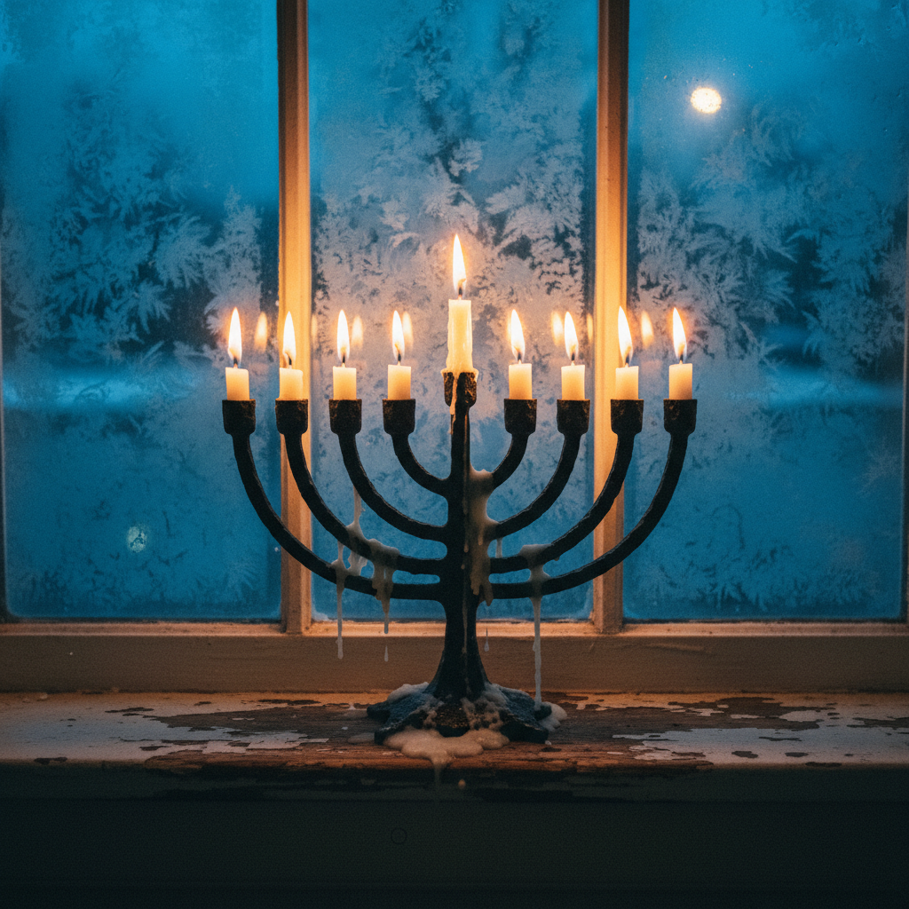 Wrought iron Hanukkah menorah with all nine candles lit on a wooden windowsill at dusk behind a frosted window