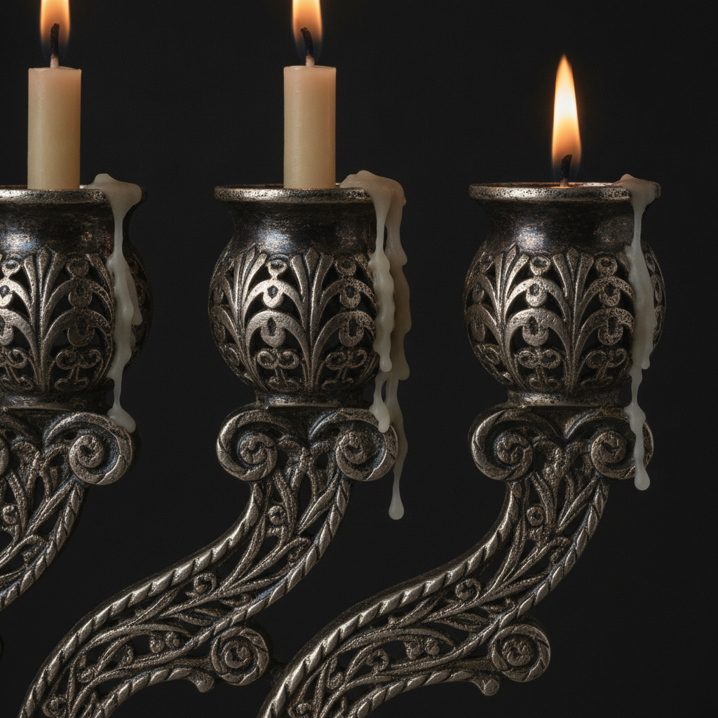 Extreme macro of an oxidised silver menorah showing filigree scrollwork, candle cups, soft flames and run wax