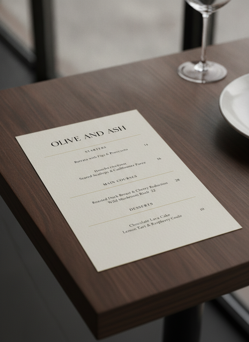 AI menu design generator result: a minimalist restaurant dinner menu on cream paper with thin serif capitals, starters, mains and desserts sections, prices aligned right and gold hairline rules