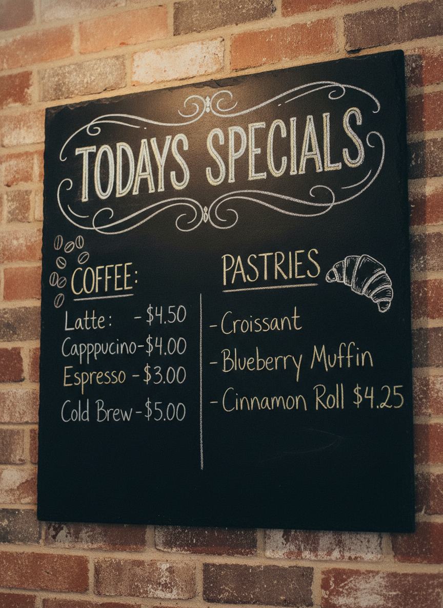 Rustic café chalkboard menu designed by AI: hand-lettered white chalk on black slate with a daily specials heading, coffee and pastry prices and small chalk illustrations