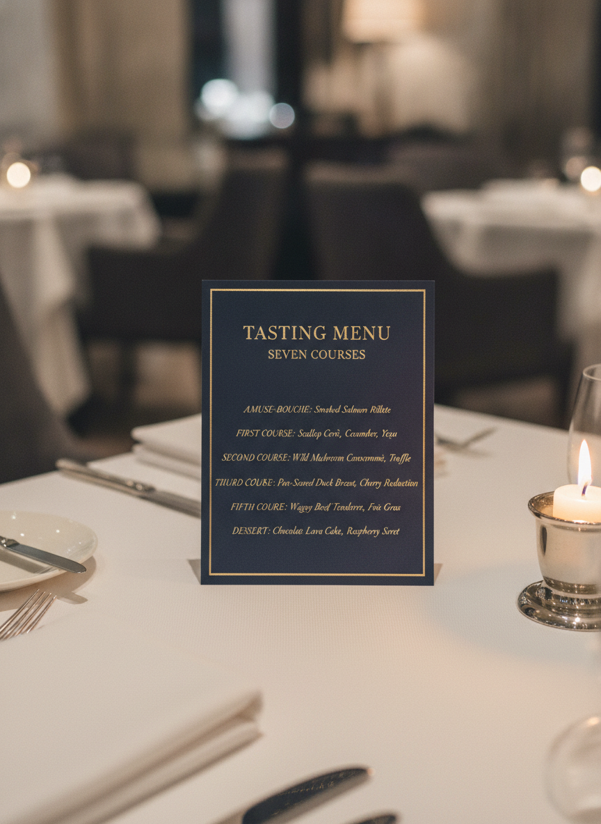 Fine dining tasting menu card generated by AI: deep navy heavy stock with gold foil serif lettering, seven course lines and a slim gold border on white linen