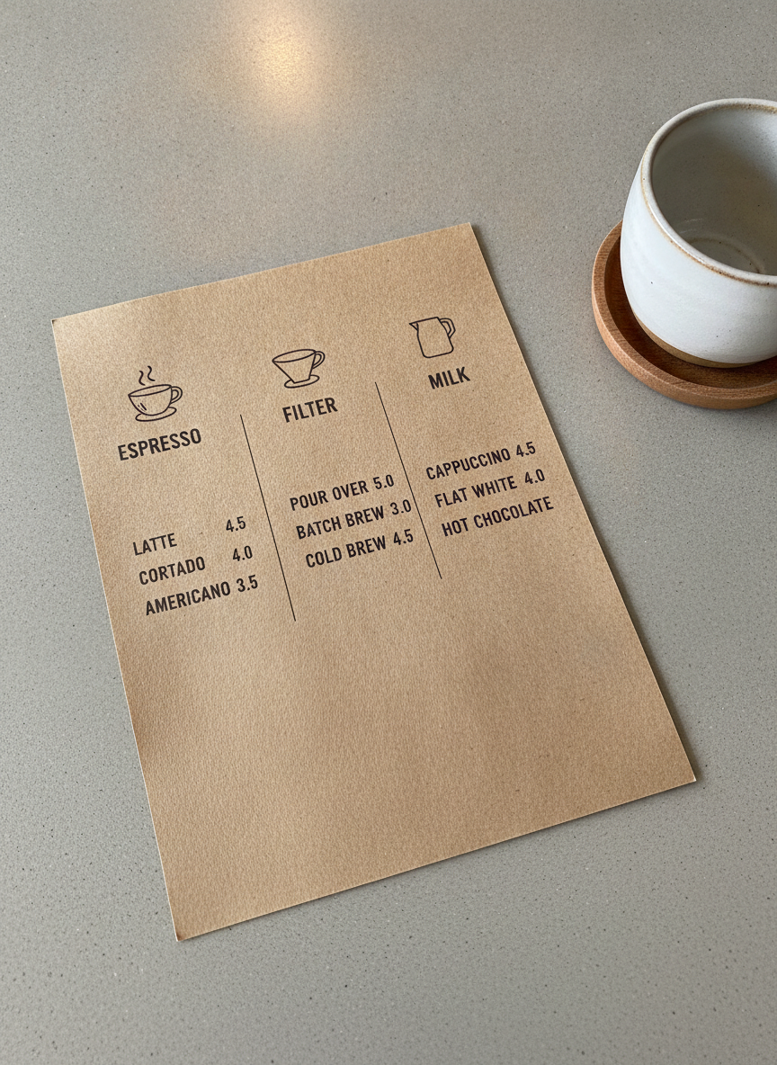 Specialty coffee shop menu on kraft paper made with the AI menu design generator: three columns of espresso, filter and milk drinks with prices and small line-art icons