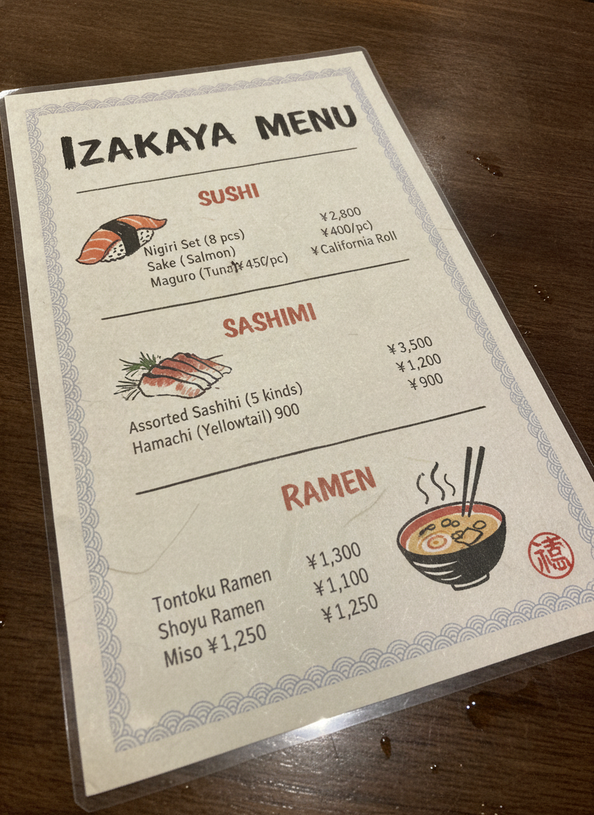 Japanese izakaya menu on washi paper created by AI: red and black sumi ink styling with sushi, sashimi and ramen sections, prices and a red seal stamp