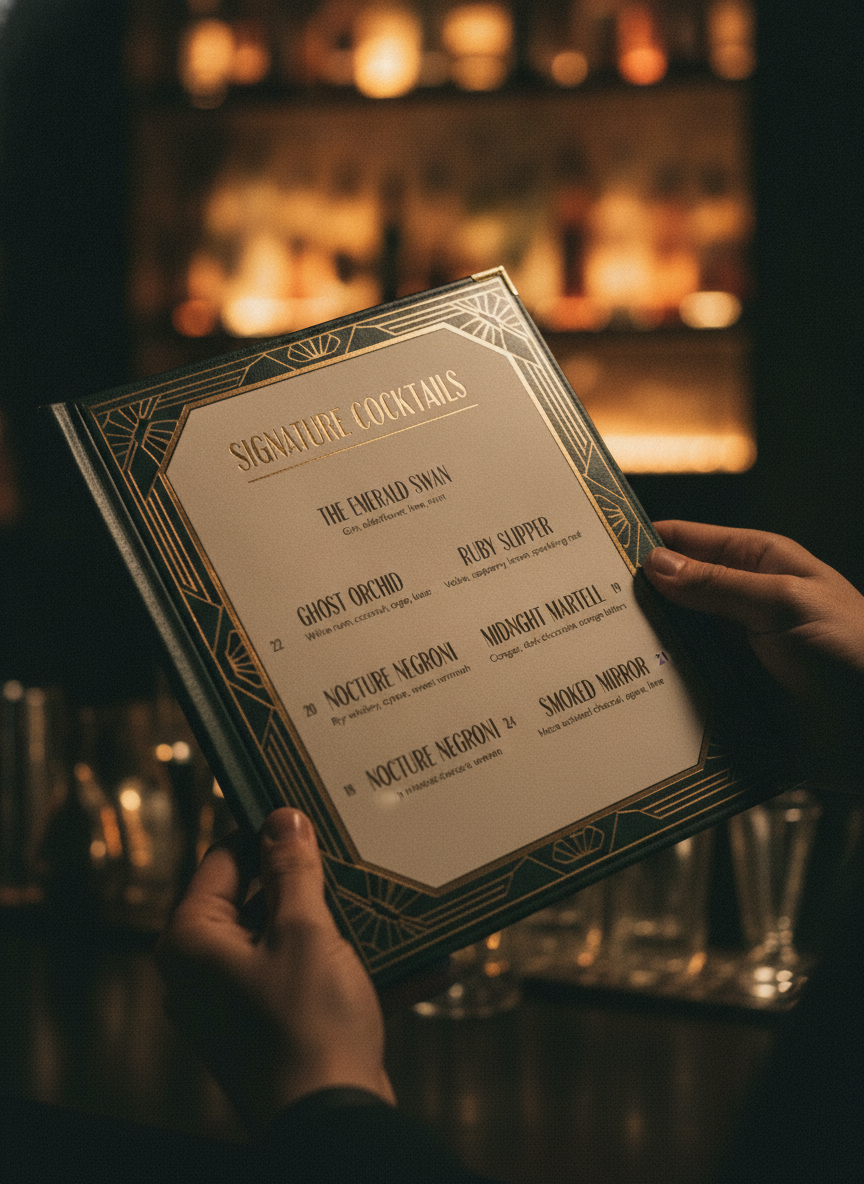 Cocktail bar menu designed by AI: dark emerald cover with brushed brass art-deco frame, gold signature cocktails heading and six drinks with descriptions and prices