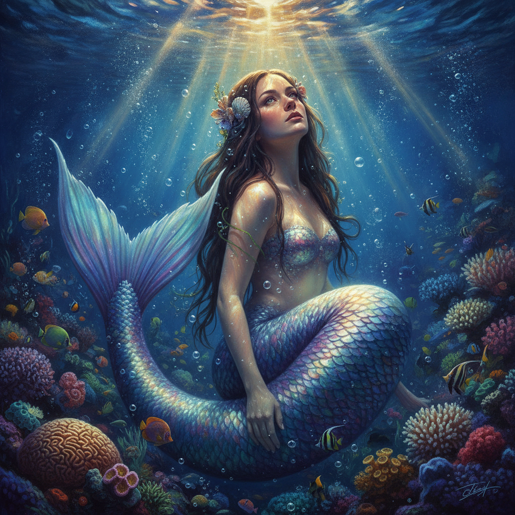 AI mermaid generator result showing a person turned into a classic mermaid with a shimmering iridescent tail and glowing underwater light