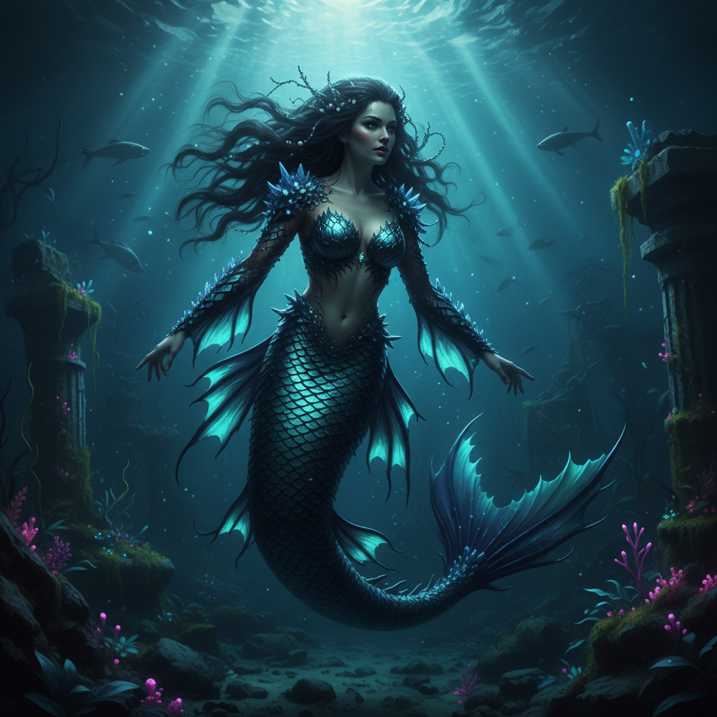 AI mermaid generator result showing a woman as a dark sea siren mermaid with teal scales and bioluminescent glow in deep ocean