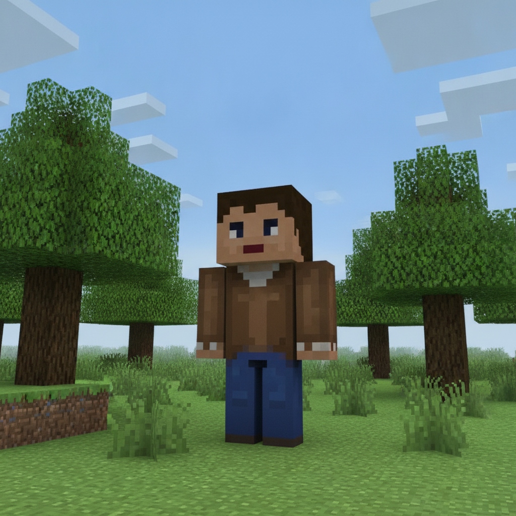AI Minecraft skin generator result showing a person turned into a blocky voxel character standing in a green grassy Minecraft world