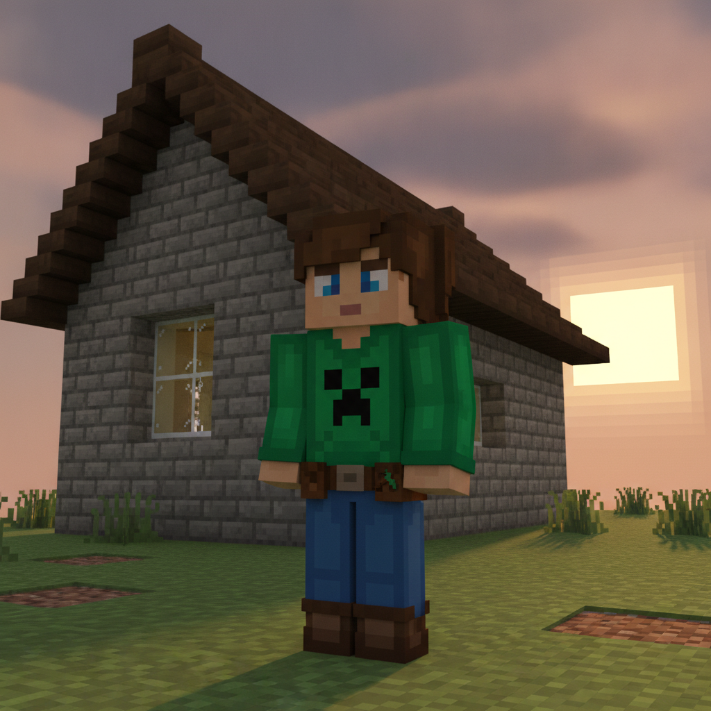 AI Minecraft skin generator result showing a woman as a custom blocky Minecraft character in front of a cobblestone house at sunset