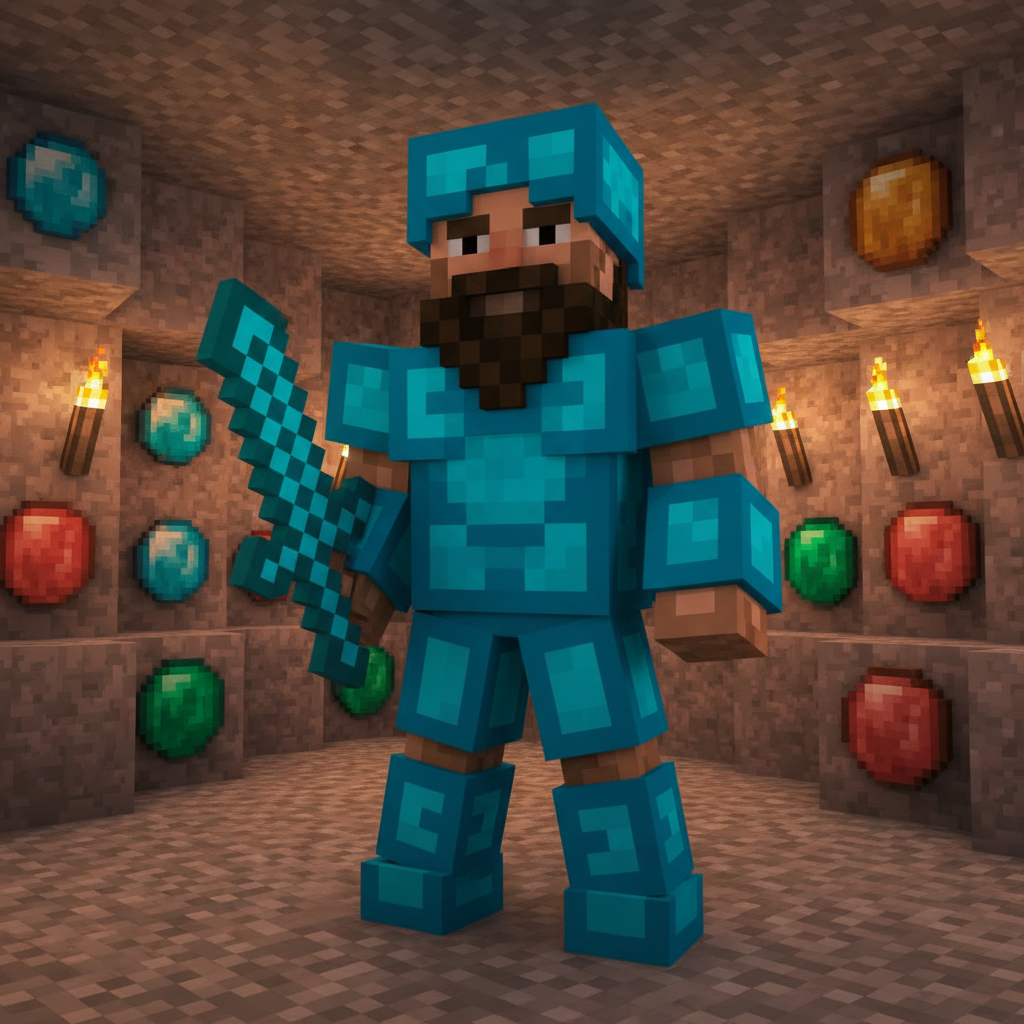 AI Minecraft skin generator result showing a bearded man as a blocky Minecraft warrior holding a pixelated diamond sword in a torch-lit cave