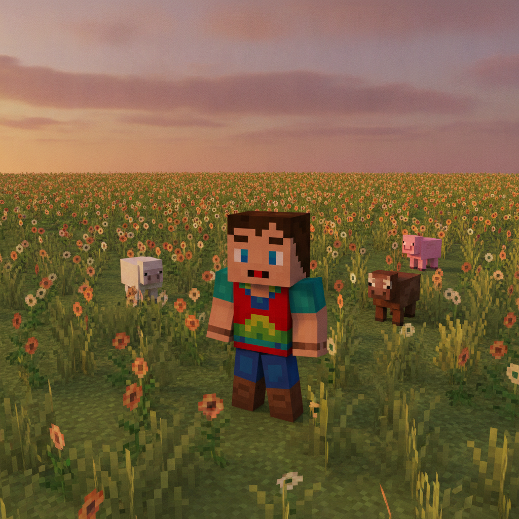 AI Minecraft skin generator result showing a child as a cute blocky Minecraft character in a flower field with cube animals