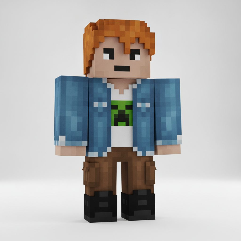 AI Minecraft skin generator preview showing a blocky voxel character skin on a clean studio background like a skin editor