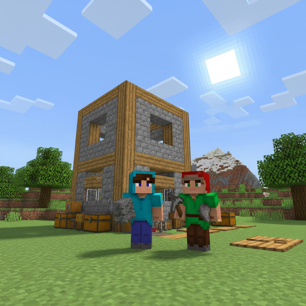 AI Minecraft skin generator result showing two friends as blocky Minecraft characters building a house together in a Minecraft world