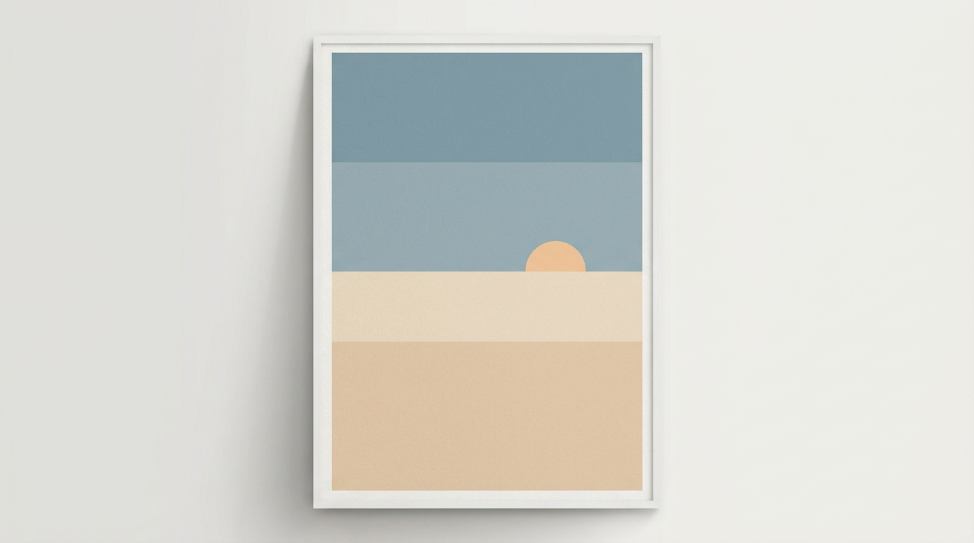 Simple minimalist landscape with flat sand and dusty blue color bands created by AI