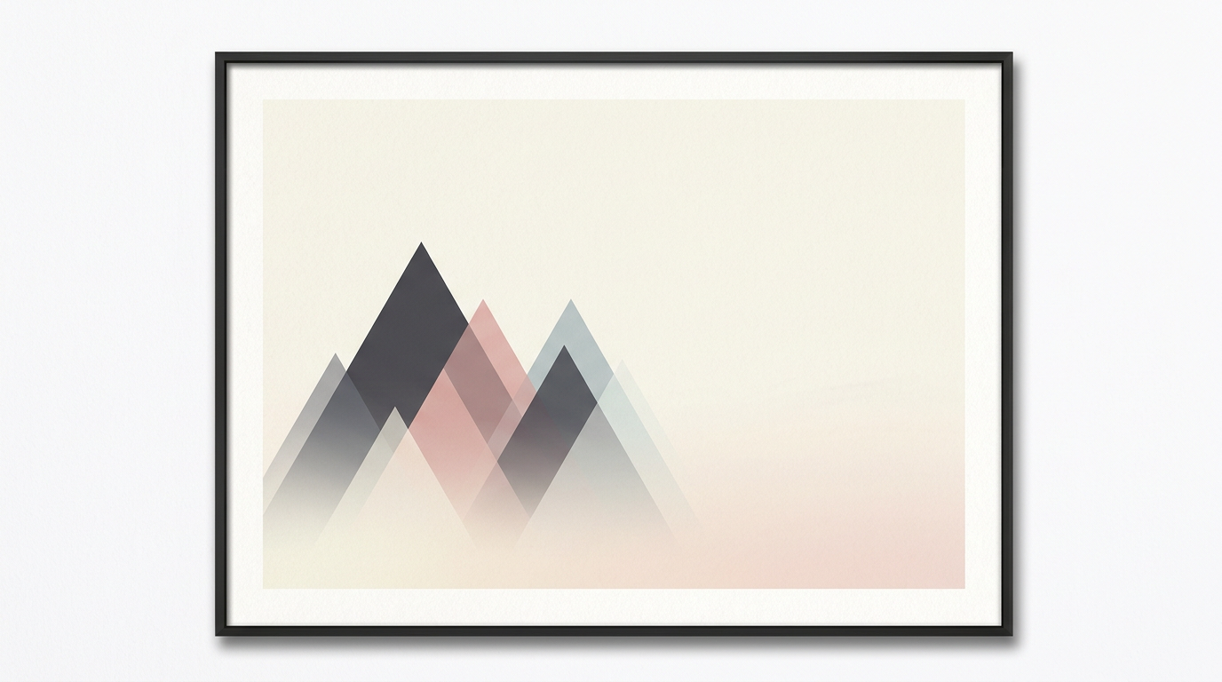 Minimalist layered mountain art in muted grey and blush tones created with clean design AI art