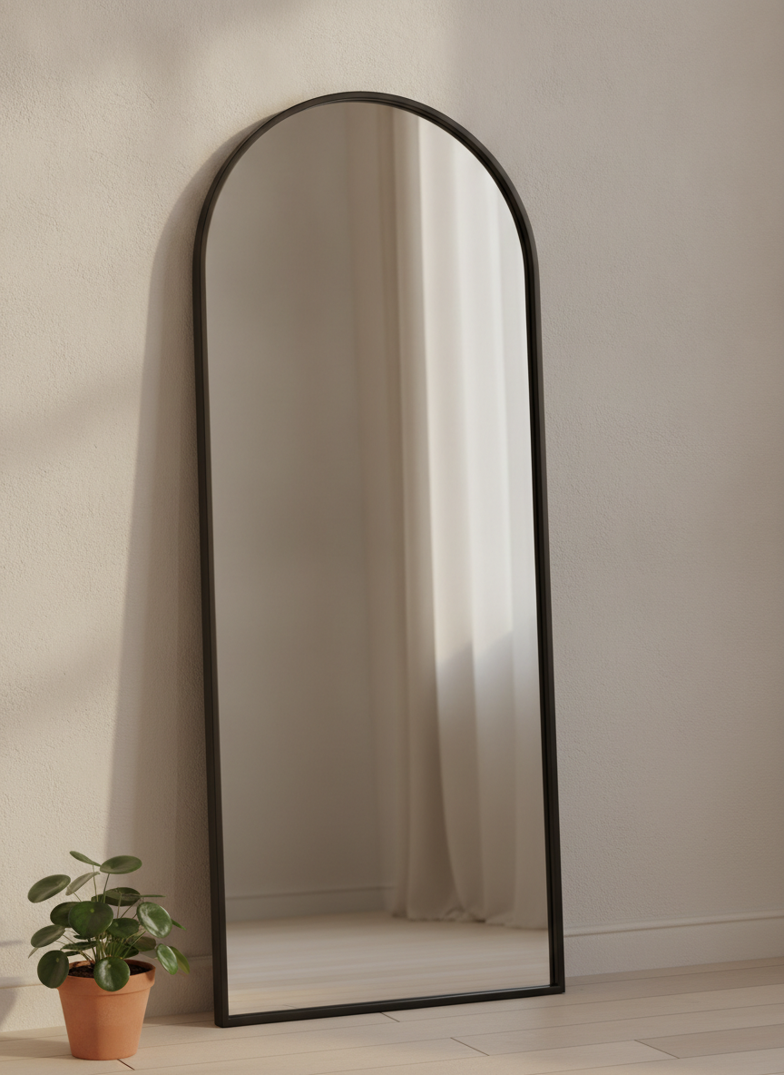 AI mirror frame design generator result: a tall arched mirror in a very slim matte black metal band, leaning against a pale plaster bedroom wall with a small plant at its base. The frame is exactly what was asked for, about two centimetres wide with visible depth at the edge, and the arch is cleanly struck. Two things are worth noticing in the glass. The reflection is a soft linen curtain and a pale wall, which is invented rather than observed, and its floor line sits at almost the same height as the real floor line at the bottom of the picture, which a mirror tilted back against a wall would never actually show. And there is no strap, bracket or fixing anywhere: this is a large sheet of glass balanced on a floor, which is the one thing on this page you should not copy