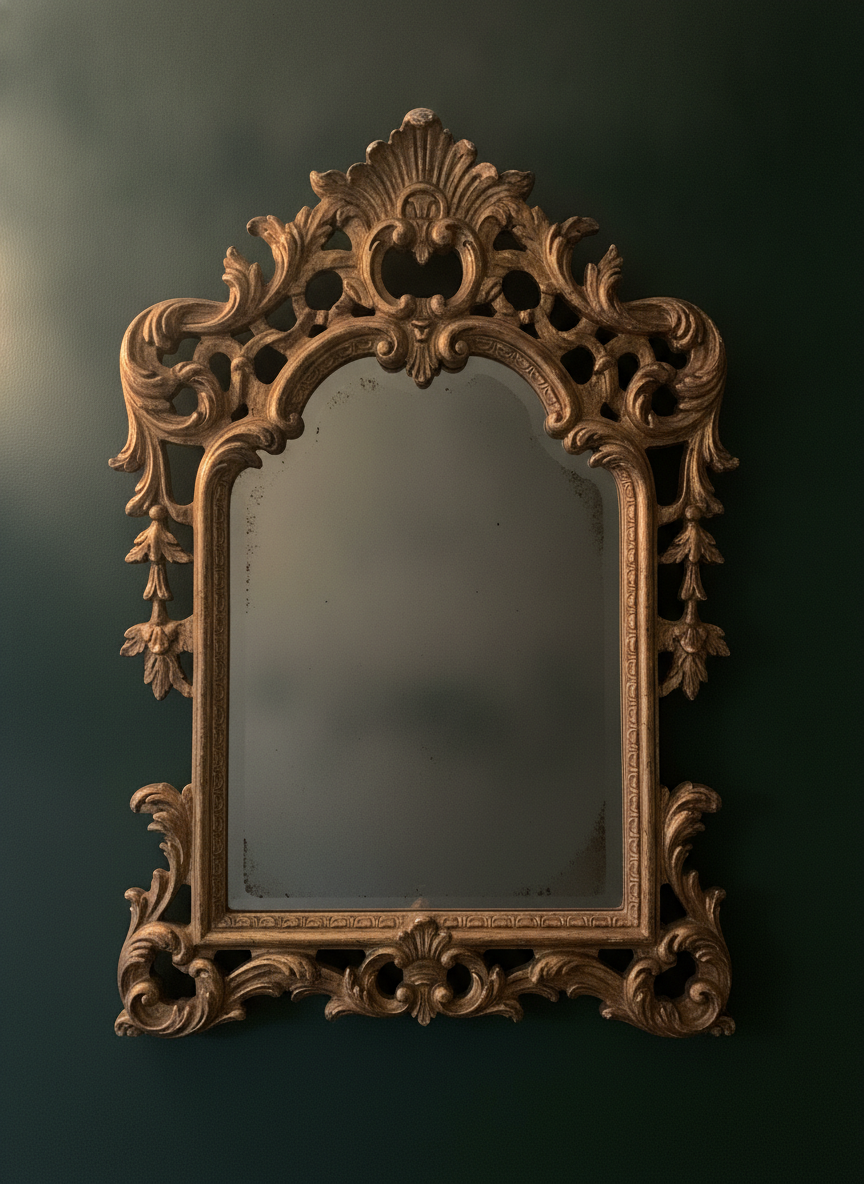 An ornate carved gilt mirror on a deep green hallway wall, scrollwork and acanthus leaves rising to a shell crest, lit by raking lamplight from the left so the relief reads properly. The frame is pierced openwork rather than solid, so the dark green wall shows straight through the carving in a dozen places, which makes the wall colour part of the frame design whether you intended it or not. Two quiet departures from the brief: the antique gold came back as a pale worn gold-beige rather than a deep gilt, and the faint edge darkening that was asked for arrived as heavy speckling right across the face. That second one is a free illustration of the bathroom problem described below, because black speckling is exactly what happens when moisture reaches the silvering. The reflection, meanwhile, is not a room at all. It is fog