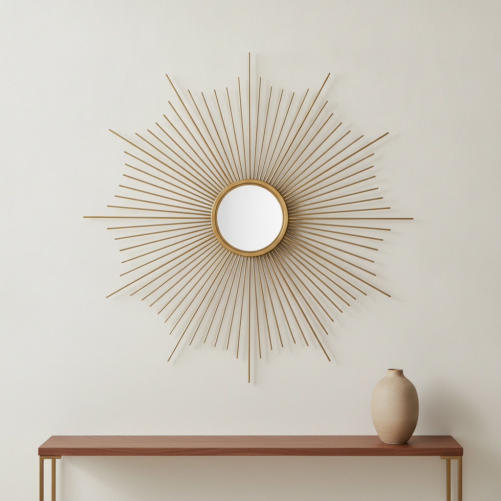 A round sunburst mirror in slender brass rods above a slim walnut console. This is the frame that shows where the model stops following instructions: the preset asked for rods all of the same length, evenly spaced all the way around, and what came back is roughly eighty rods in alternating long and short lengths forming a star silhouette, with the spacing visibly bunching in places near the top left. It looks better than what was asked for, and real sunburst mirrors are made this way, but the point stands that rod count and rhythm are not a specification you can set here. Note the composition too: the mirror sits noticeably left of centre over the console rather than centred on it, which is the proportion rule below being broken in a single picture
