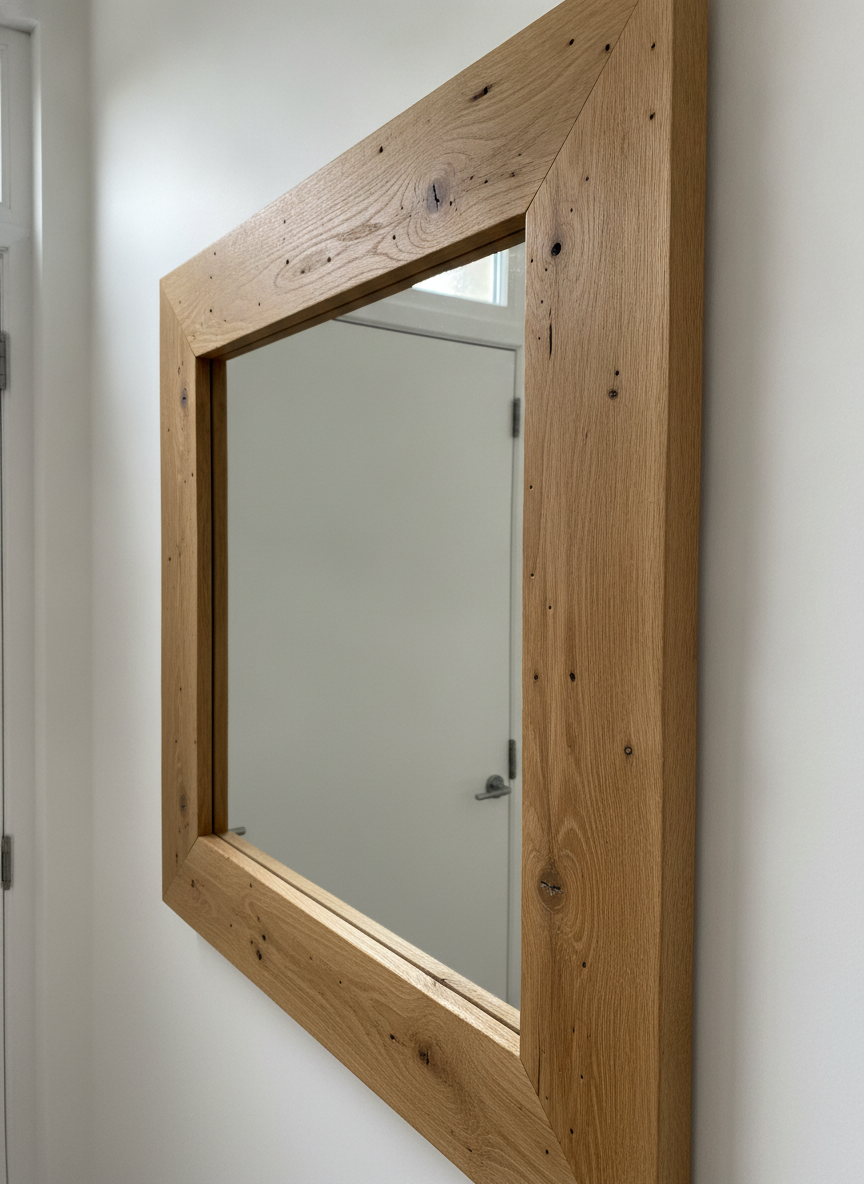A rectangular mirror in a chunky oak frame in a bright entryway, and the most instructive accident on the page. Three things drifted from the brief. A very slight angle became a steep oblique that crops the object; a flat butt joint came back as a clean forty-five degree mitre; and weathered reclaimed timber with saw marks came back as fresh clean oak with knots. The valuable part is what appeared in the glass without being asked for. The mirror is reflecting a white internal door, complete with its handle and the window above it, which is precisely the mistake this page warns about further down: hang a mirror facing a doorway and you have bought a permanent picture of your hallway door