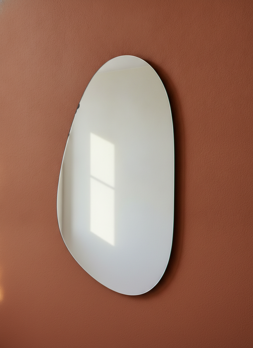 A frameless mirror cut to a soft irregular pebble shape on a deep clay limewashed wall, the polished bevel catching a bright line all the way around the outline. This is the second attempt. The first followed every instruction correctly and was useless: a pale oval on a pale wall with an empty grey reflection, technically obedient and almost invisible as a picture. Naming a deep warm wall colour fixed it, which is the general rule for any pale object. Look closely at the upper left edge and you will find a small metal clip, so the hidden fixing is not actually hidden. The soft rectangle of window light inside the glass is the whole argument for mirrors in one frame: that light is on the opposite wall, and the mirror has brought it here