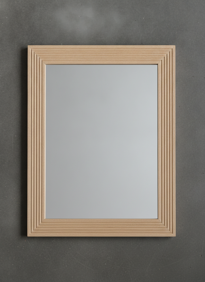 The frame profile view, and the most practically useful image here: the mirror lying flat and face up on dark charcoal concrete, shot from directly overhead, with the glass rendered as a flat neutral grey rather than a reflection. Stripping the reflection out is the point, because it forces the eye onto the only thing you actually control, which is the moulding. The fluting is clean, the corners are properly mitred with the flutes turning the corner, and the pale oak colour is honest. It is still not a technical drawing: the rebate depth that a framer needs is barely readable at this angle, so the dimensions travel beside the picture in writing rather than inside it
