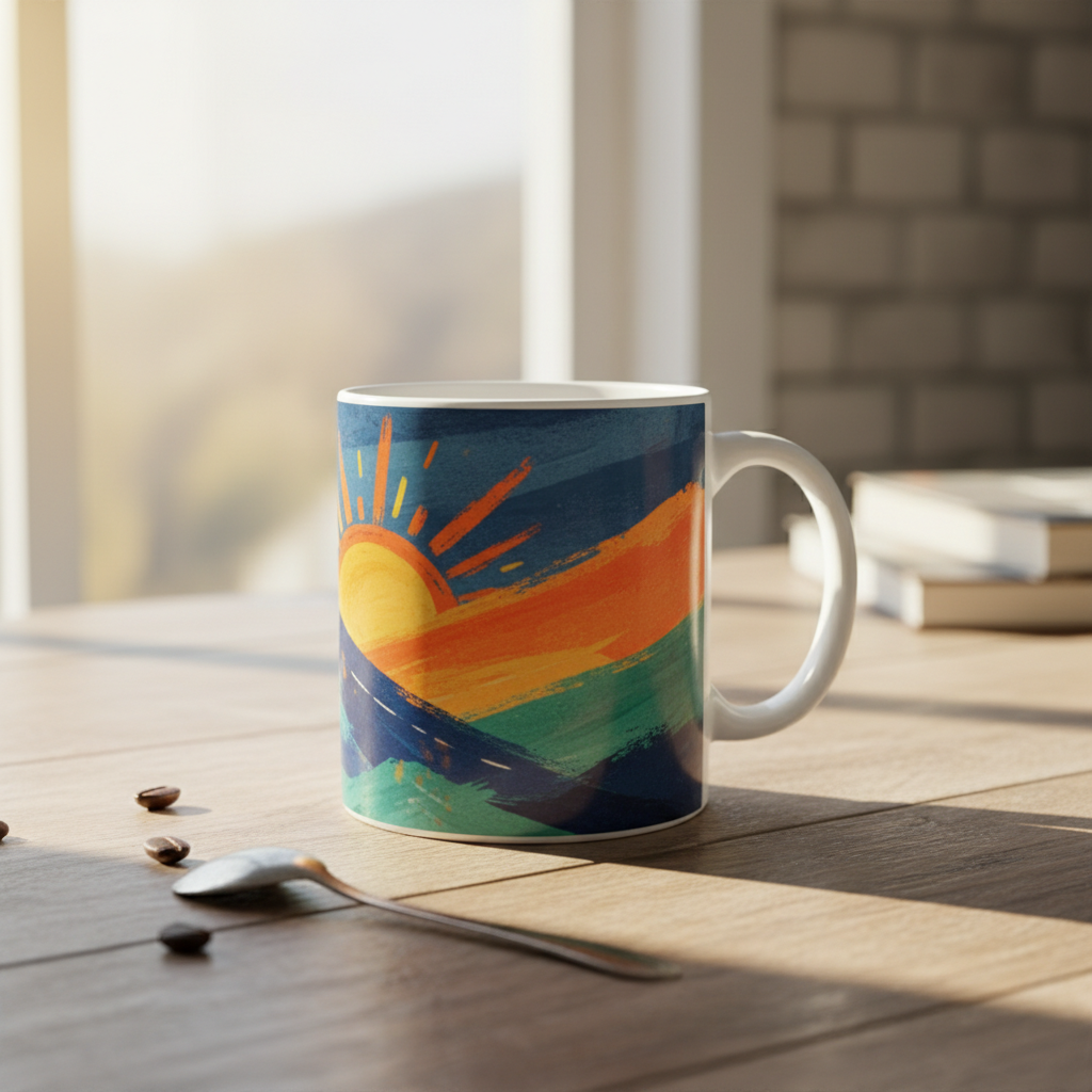 AI generated coffee mug mockup with wrapped graphic design