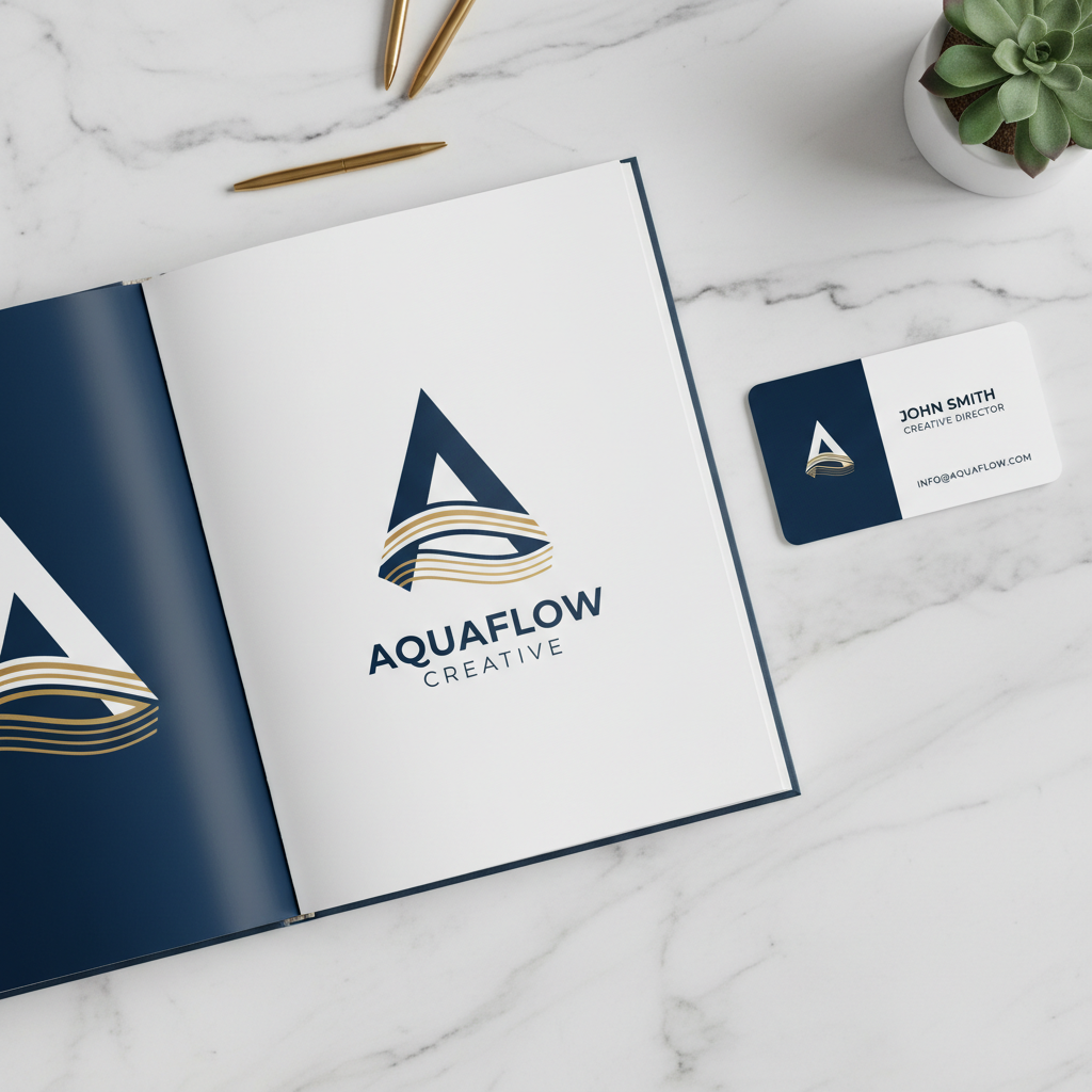 AI mockup of branded book and business card flat lay on marble desk