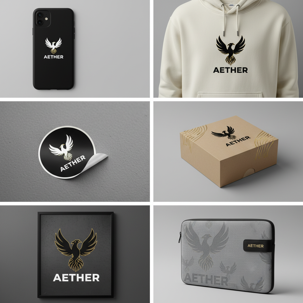 Grid of AI product mockups showing one logo across phone case, hoodie, packaging and poster