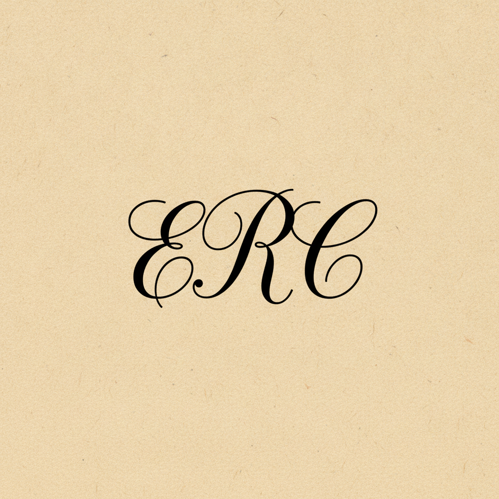 AI monogram generator result: the three capital letters E, R and C drawn in fine black copperplate script on warm ivory paper with a faint fibre texture. The letters interlock at their flourishes, with the smaller E on the left and C on the right weaving through a taller central R, all on one shared baseline with swelling thick strokes and hairline thins. All three letters are correctly formed and cleanly spelled. Two drifts from the brief: the monogram occupies barely a third of the image width despite an instruction to fill the frame, and the central R is about a third taller than the outer letters rather than the clearer height difference a traditional three-letter monogram uses.