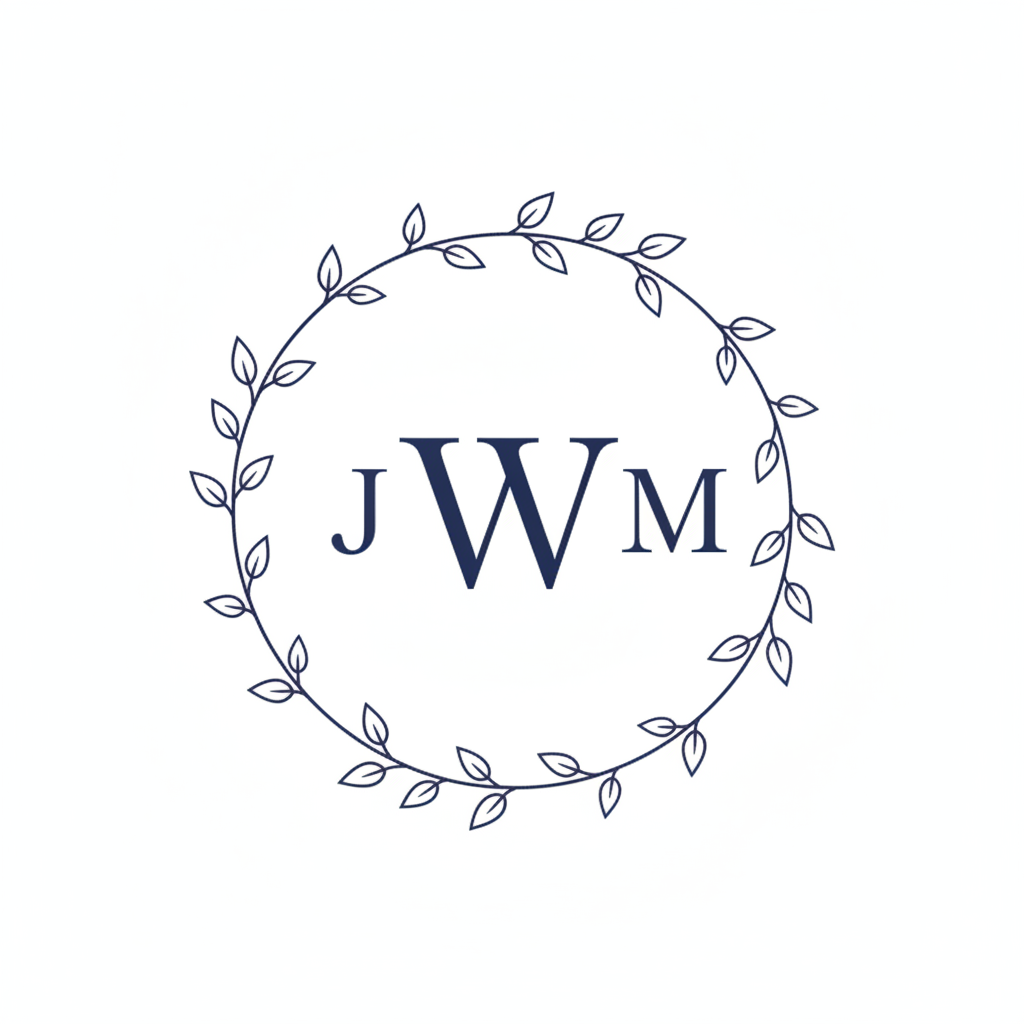 AI monogram generator result: the capital letters J, W and M in a high-contrast navy serif inside a circular frame made of a thin leafy vine, drawn as flat line art on pure white. The small J sits left, the large W in the centre, the small M on the right, and fine pointed leaves grow from the vine at even intervals all the way round. The letters are correct and the vine circle is clean. Two real failures: the right-hand M pushes past the inner edge of the circle and collides with the vine rather than sitting inside it, and the whole group sits above the centre of the circle instead of on its axis, leaving a visibly larger gap below the letters than above them.
