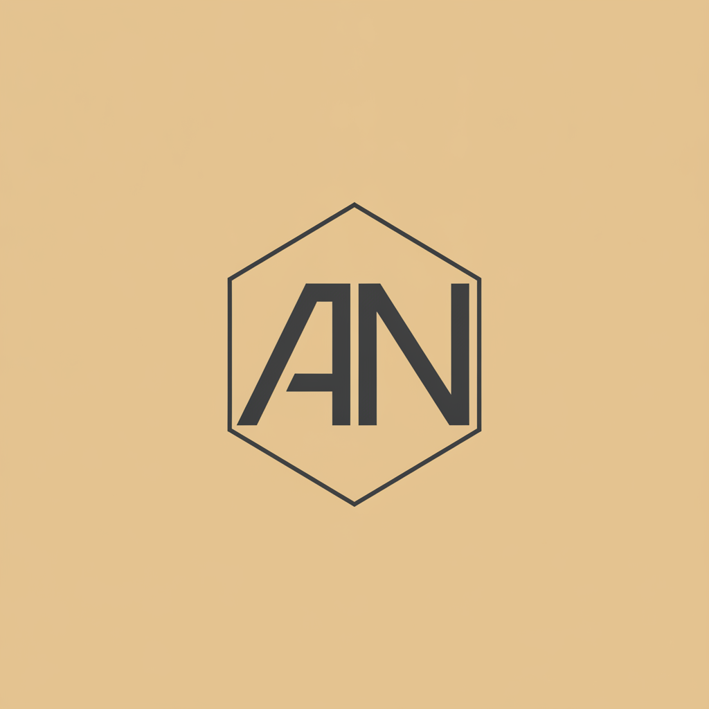 AI monogram generator result: a modern minimalist geometric monogram of the capital letters A and N in charcoal on a flat warm sand background, the two letters sharing one vertical stem where they meet and enclosed in a thin-lined hexagon. The letterforms are clean and the mark reads instantly as a contemporary brand monogram. The framing is where it goes wrong: the N breaks straight out through the right side of the hexagon and the feet of both letters cross the lower edge, so the generous empty margin between letters and frame that was asked for does not exist. The stroke weights are also not quite uniform, with the diagonal of the A noticeably lighter than the upright stems.