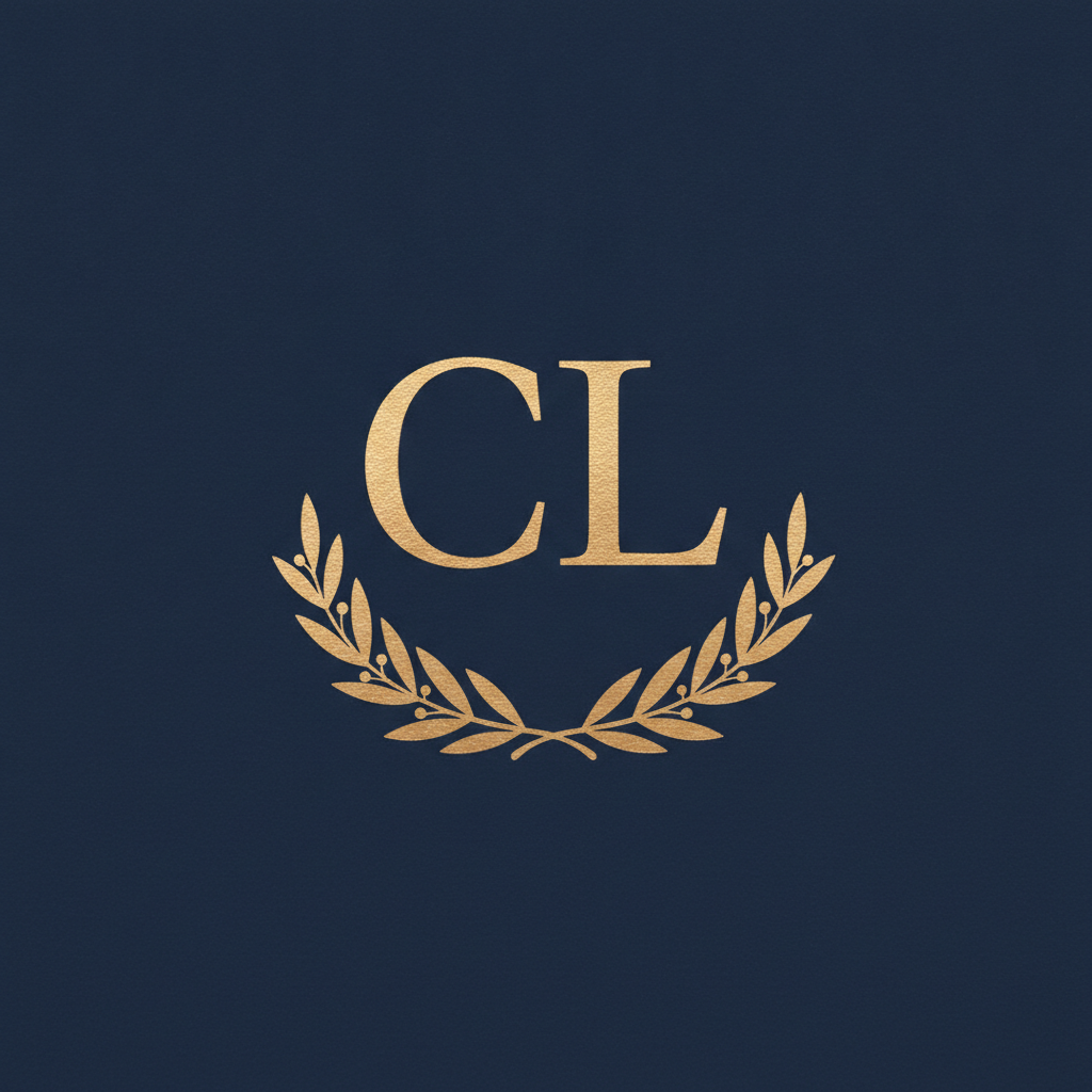 AI monogram generator result: a wedding duogram of the capital letters C and L in gold on a deep matte navy background, set in a refined high-contrast serif on one baseline with a symmetrical half-wreath of fine olive and laurel branches curving up on either side. The letters are correct and the wreath is delicate. Two drifts: the wreath crosses in front of the letters instead of framing them from below, burying the foot of the L and the lower curve of the C in leaves, and the gold reads as flat matte ochre ink with a paper grain rather than the brushed metallic foil with catch-light along the stroke edges that was requested.