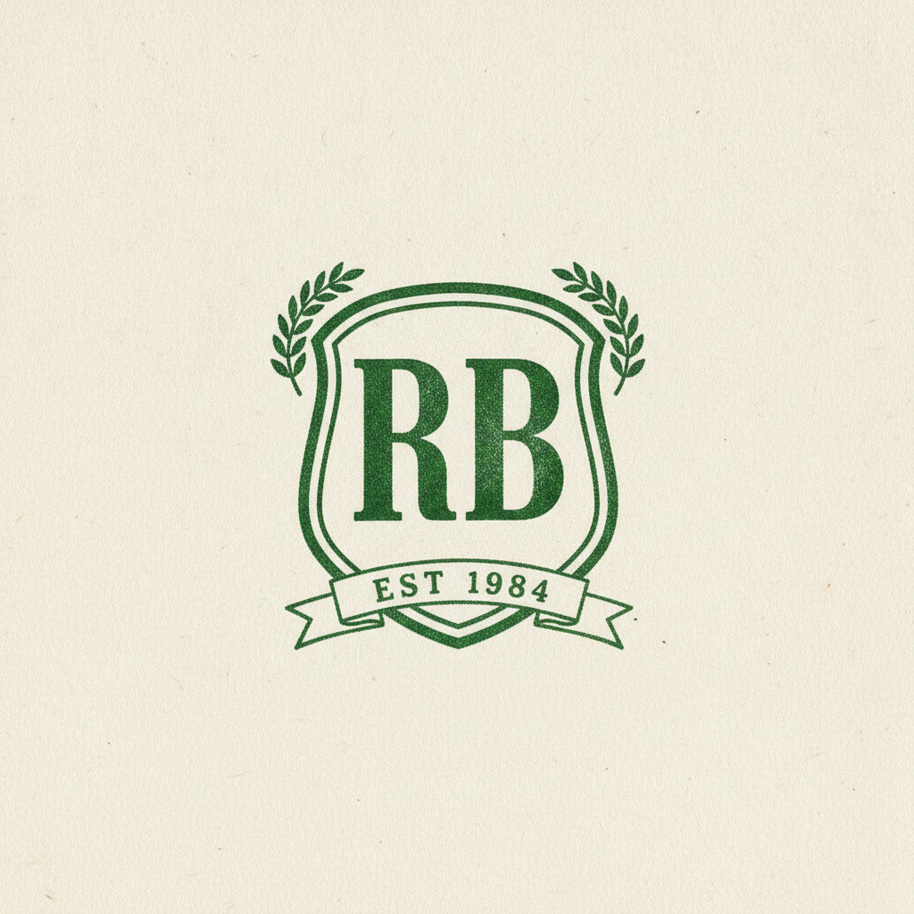 AI monogram generator result: a vintage crest monogram printed in deep forest green on aged off-white card, with the slightly rough uneven edge of letterpress. A shield with a double-rule border holds the capital letters R and B in a heavy slab serif, a narrow ribbon banner across the bottom of the shield carries the words EST 1984 in evenly spaced small capitals, and a laurel sprig sits at each upper corner. This is the strongest text result in the set: both initials and all eight characters of the banner are correct. Two drifts: the R and B sit side by side with a gap between them instead of overlapping at their stems as asked, and the laurel sprigs float separately at the corners rather than crossing behind the shield.