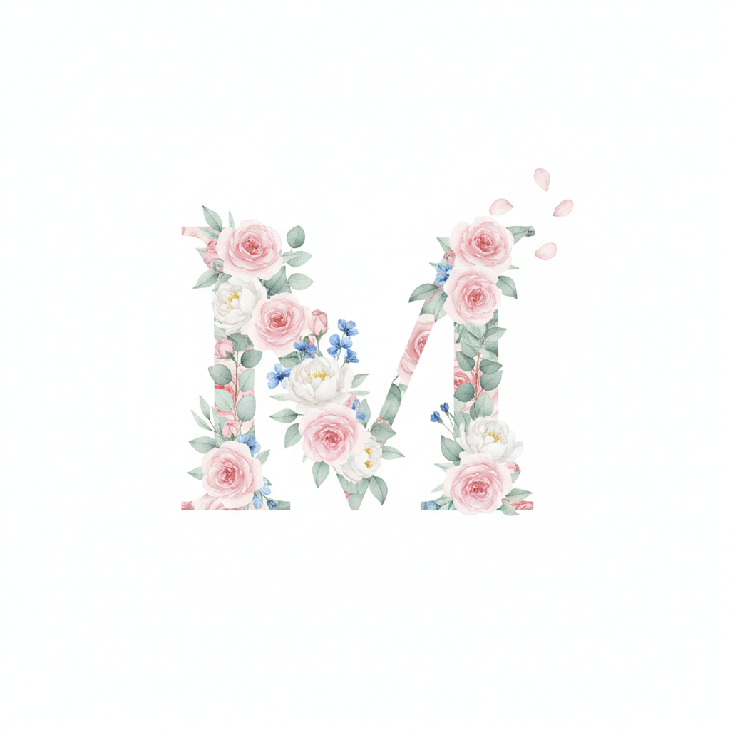 AI monogram generator result: a single ornate capital letter M filling with a dense watercolour arrangement of blush pink garden roses, white peonies, small blue wildflowers and green eucalyptus leaves, painted in soft-edged washes on bright white with a few loose petals drifting off the upper right. The colour work is genuinely good and the petals drift exactly where they were asked to. The letterform is the problem: the central V of the M stops roughly halfway down and its junction is buried under a white peony and a rose, so the silhouette is ambiguous at a glance. The letter also sits high in the frame with a band of empty white beneath it rather than centred as instructed.