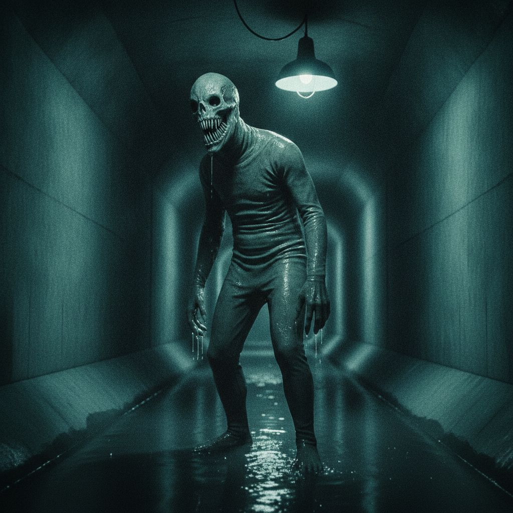 AI monster generator result in the movie monster style: a tall hunched creature with grey-green rubbery hide, a long eyeless skull and needle teeth, lit by a single swinging work lamp in a flooded concrete corridor