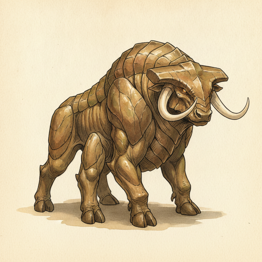 Fantasy bestiary monster designed with AI: a six-legged armoured beast with bronze-brown chitin plates, curved tusks and amber eyes, shown side-on on a parchment-cream background