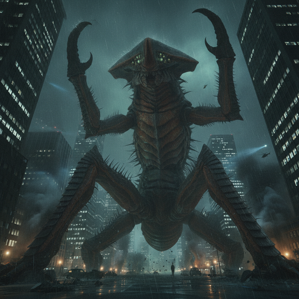 Kaiju from the AI monster generator: a colossal six-limbed insectile monster with rust-brown chitin armour, hooked forelimbs and a cluster of glowing green eyes, straddling a rain-soaked street between skyscrapers at night