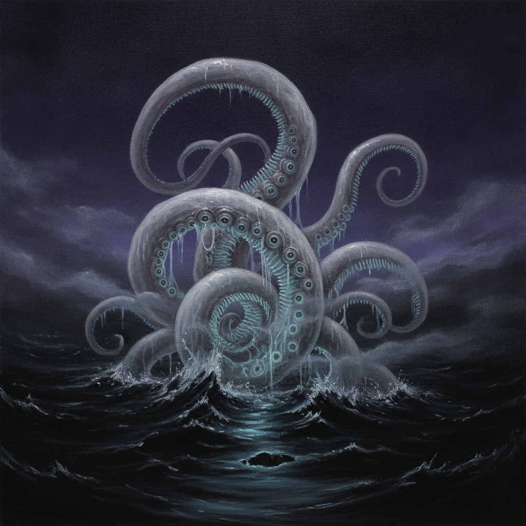 Eldritch horror created with AI: a pale writhing mass of coiling tentacles and too many milky eyes rising out of black water under a starless violet sky