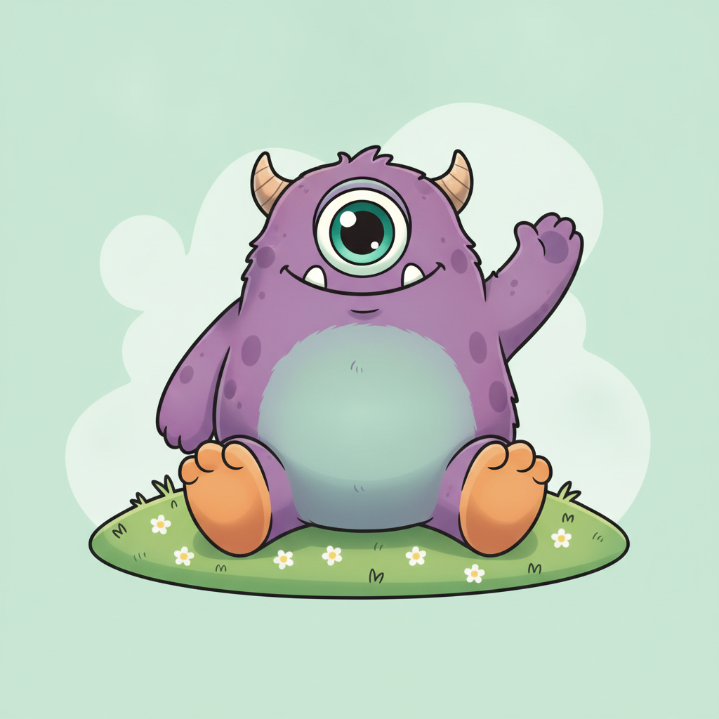 Friendly cartoon monster from the AI monster generator: a chubby purple furry creature with one big eye, small rounded horns and oversized orange feet, waving from a grassy mound