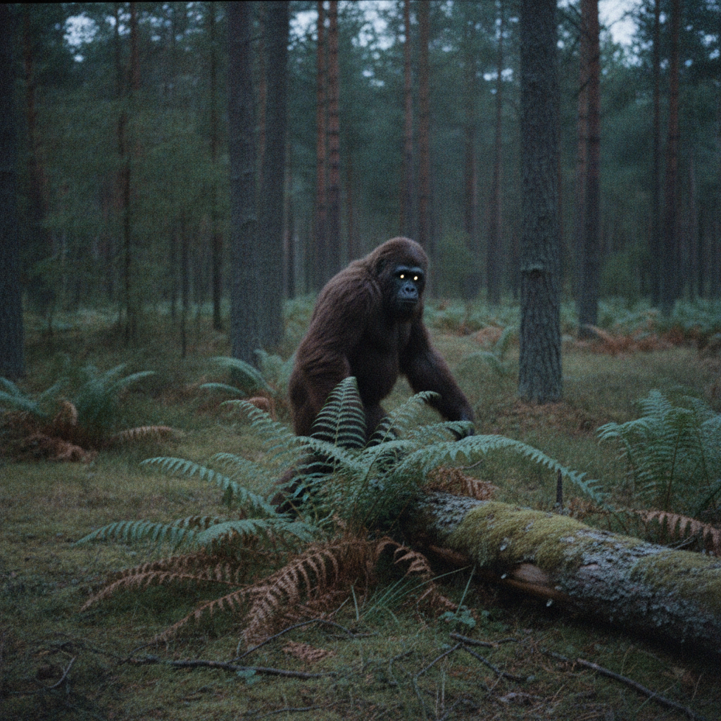 Cryptid sighting image made with the AI monster generator: a tall shaggy ape-like creature caught mid-stride at the edge of a pine forest at dusk, with handheld motion blur and natural grain